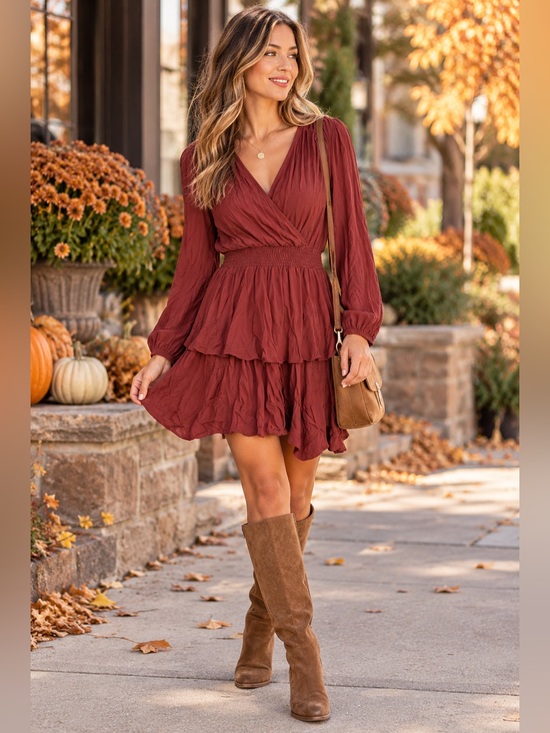 Zara Dresses & Skirts - Zara Boho Chic Burgundy Ruffle Mini Dress XS NWT Long Sleeve Smocked 7484/175